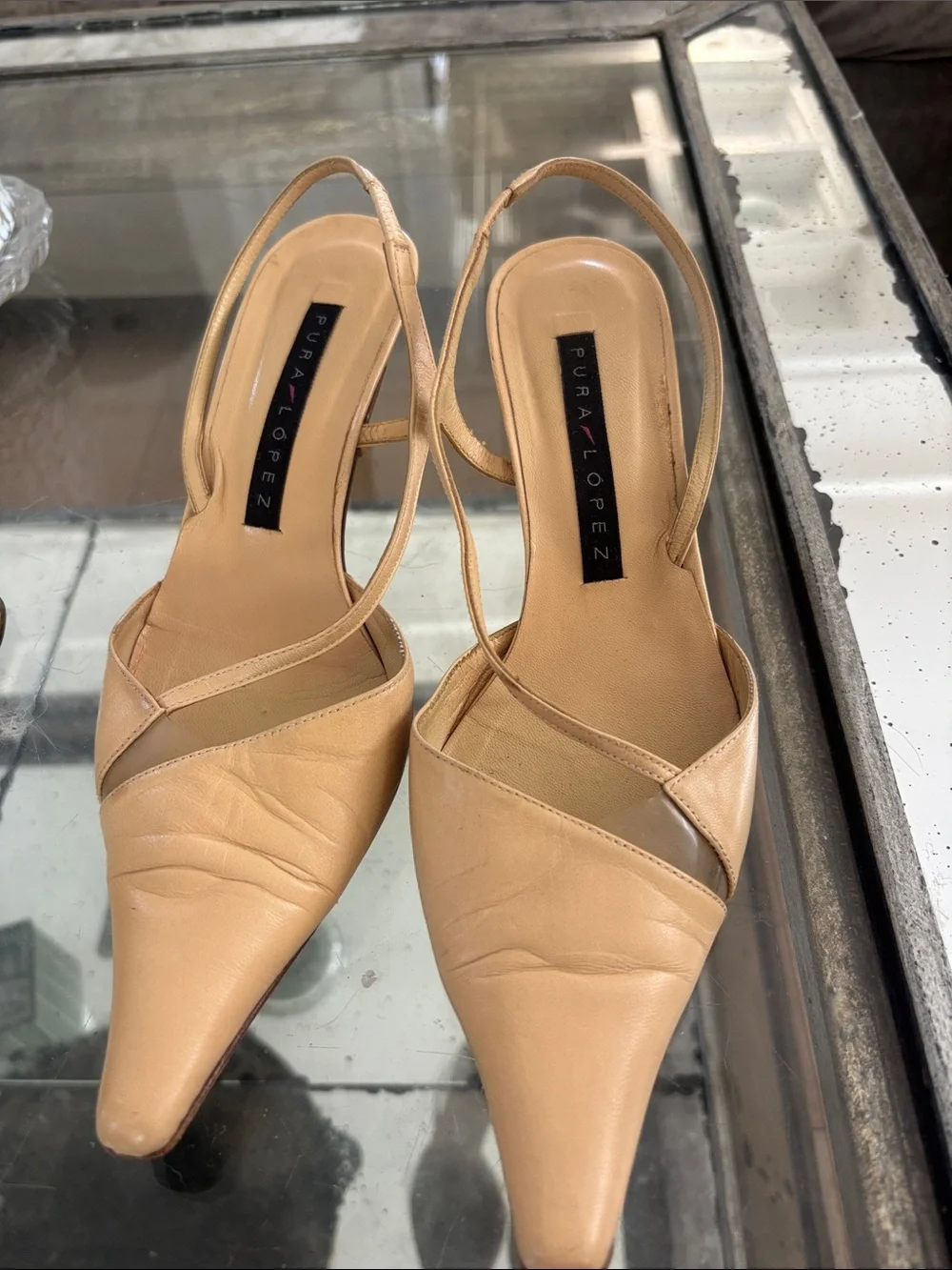 Pura Lopez Beige Pointed-Toe Slingback Heels Made In Spain